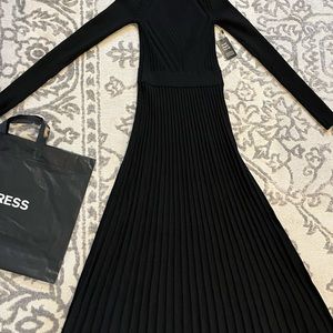 EXPRESS Long Sleeve Pleated Ribbed Midi Sweater Dress